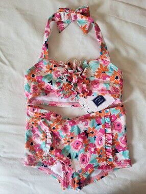 Janie and Jack Floral Ruffle Swim Set in Pink, Orange & Aqua • 2T